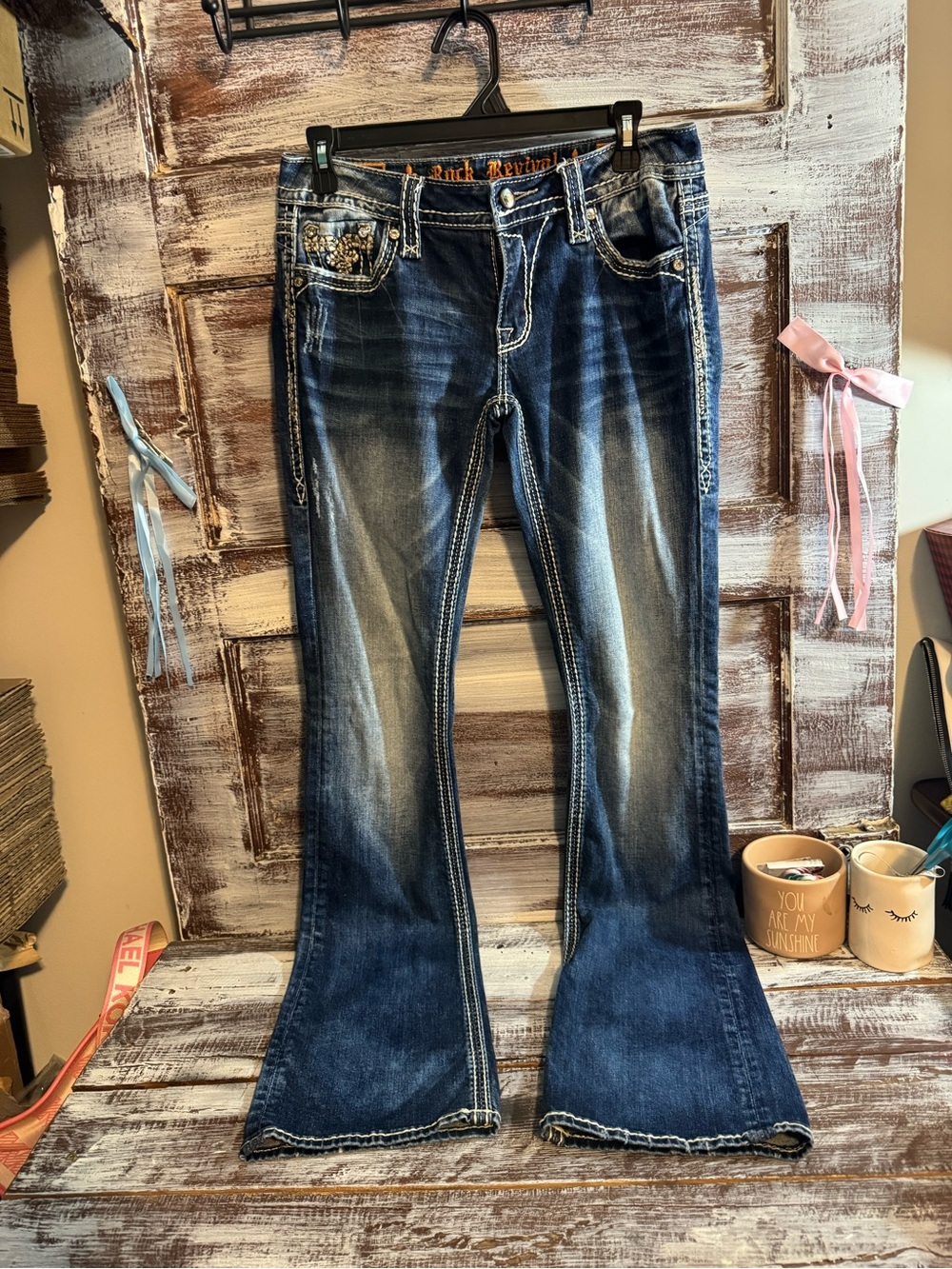 Rock Revival Betty Dark Blue Boot Cut Jeans with Contrast Stitching